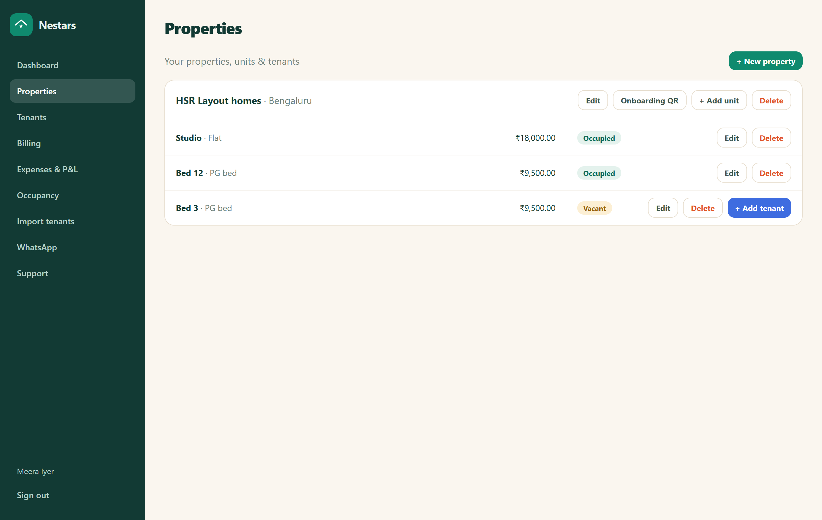 Properties page listing units with rent, occupancy status and per-unit edit, delete and add-tenant actions